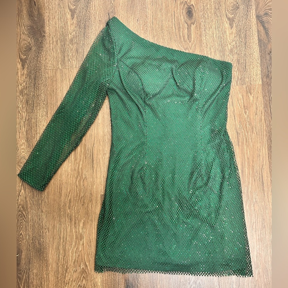 Alyce Paris Womenβs Green Embellished One Shoulderβ Bodycon Mini Dress Size M